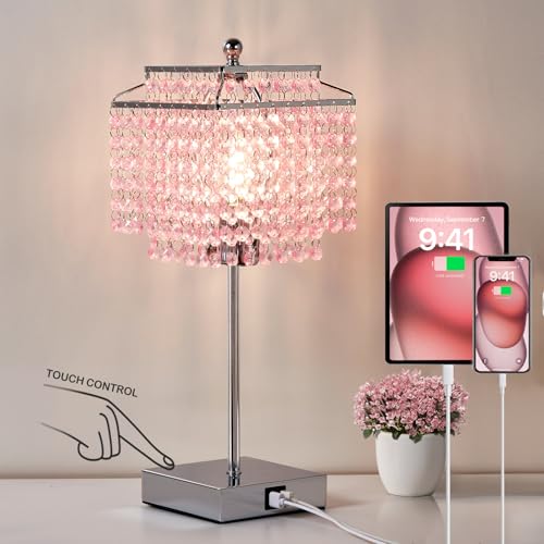 GyroVu Kristall Tischlampe, Rosa Dimmbare Touch Nachttischlampe mit Ladefunktion USB A+C-Anschlüssen Steckdosen, Kleine KristallLampe für Wohnzimmer Schlafzimmer Mädchenzimmer (Inklusive Glühbirne)