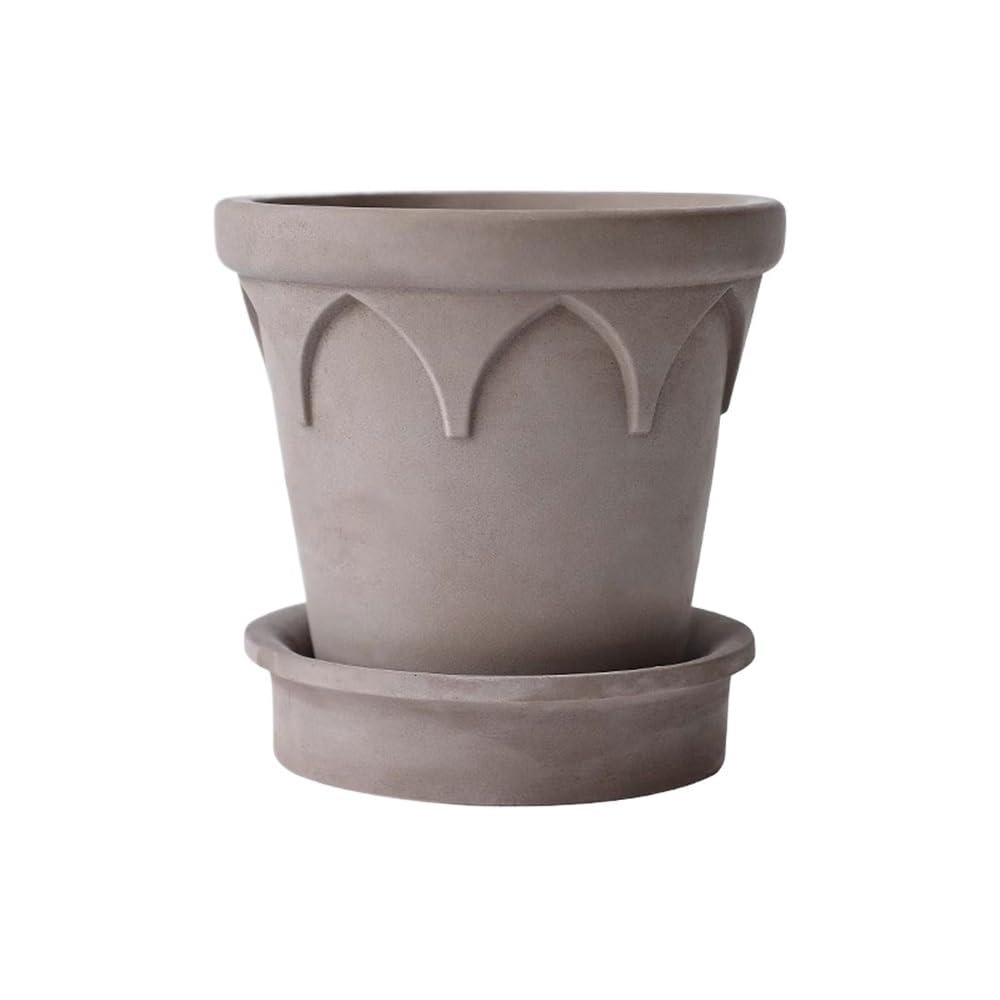SDA287MZ Round Cement Flower Pot, with Drainage Hole and Saucers, Basin Mouth with Geometric Textures Relief Plant, for Bedroom Windowsill Garden Multifunction(Bruin)