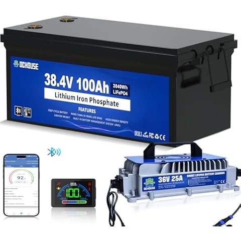 DC HOUSE 36V 100Ah Lithium Golf Cart Battery, Lifepo4 Battery with 36V 25A Charger, Bluetooth Mobile APP &LCD Monitor, Built-in Smart 150A BMS, Peak Current 500A Cover