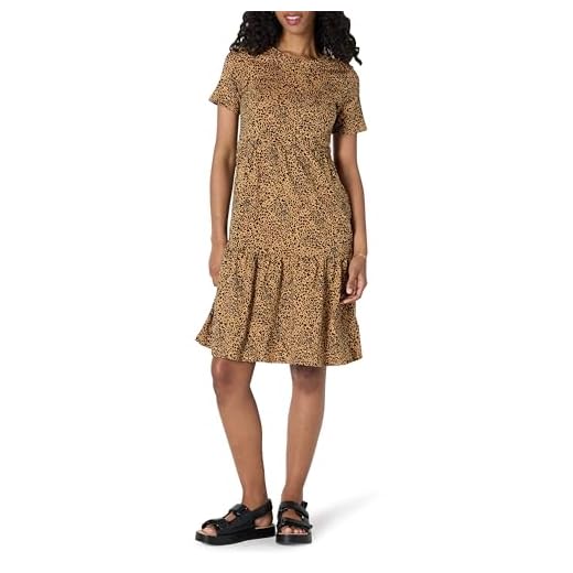 Amazon Essentials Short-Sleeve Crewneck Tiered Dress Kleid, Dunkles Kamelbraun/Schwarz, Ikat/Tier, L