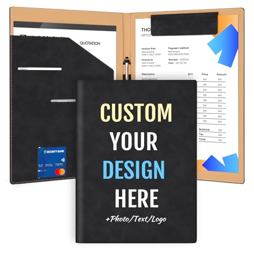 ENOMY Custom Portfolio Personalized Leather Padfolio with Pen Holder Magnetic Clipboard Professional Portfolio for Work Business College (Black)