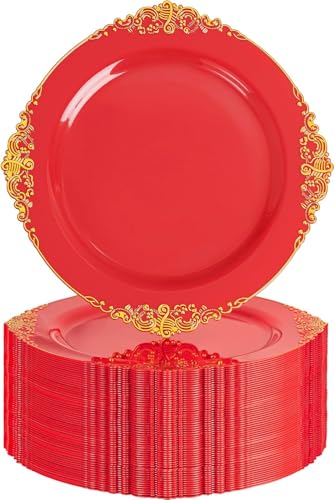 Nervure 100Pcs 10.25'' Red Plastic Plates, Red Party Plates for 100Guests