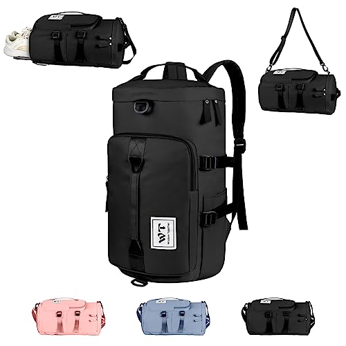 WT Sporttasche Gym Tasche für Frauen Männer, Turnbeutel Reisetasche Gepäcktasche Wochenend Overnight Wasserdicht Wanderrucksack Rucksäcke mit Schuhfach & Nass und Trockenfächern (Schwarz)