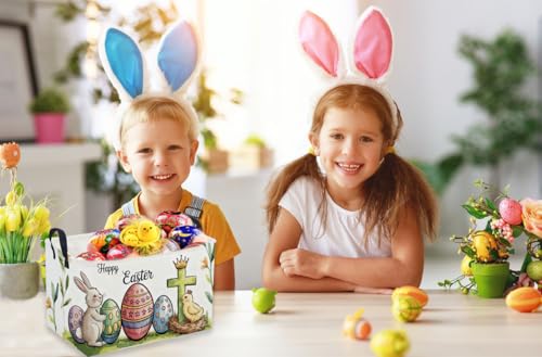 Image of Rectangular Easter Baskets, Eggs Basket for Kids.Bunny Basket with Handles.Boys and Girls,Bunny Eggs Decor,Books,( Easter