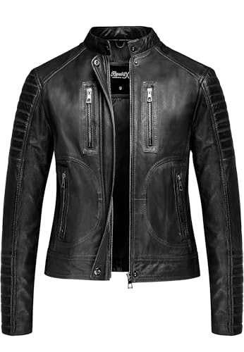 REPUBLIX Damen Echtleder Jacke Biker Zipper Lederjacke RJ-8009 Schwarz XXL