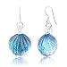 925 Sterling Silver Hand Blown Venetian Murano Glass Blue Clear Sea Shell Shaped Dangle Earrings