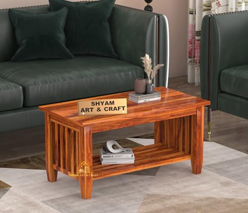 Image of SHYAM ART & CRAFT Solid Sheesham Wood Center Coffee Table with Storage | Wooden Centre Table for Living Room, Drawing Room & Office | Honey Finish