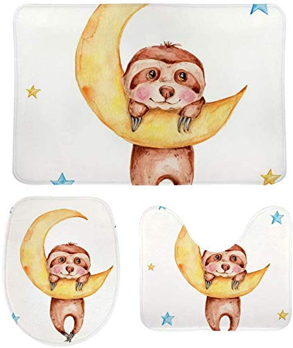 Cute Cartoon Sloth Yellow Moon Starscolor Bath Rugs Sets 3 Pcs Non-Slip Bathroom Mats Bath Rug Contour Mat Lid Cover