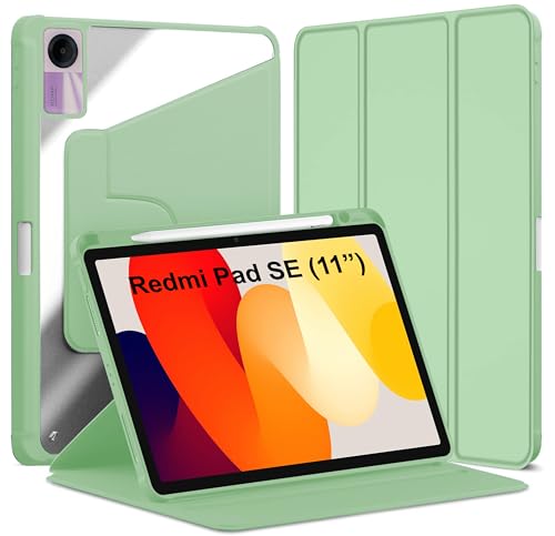 Image of TGK Rotating Case for Redmi Pad SE 11 inch with Pencil Holder 360 Degree Rotation Protective Trifold Stand Cover Clear Back (Mint Green)