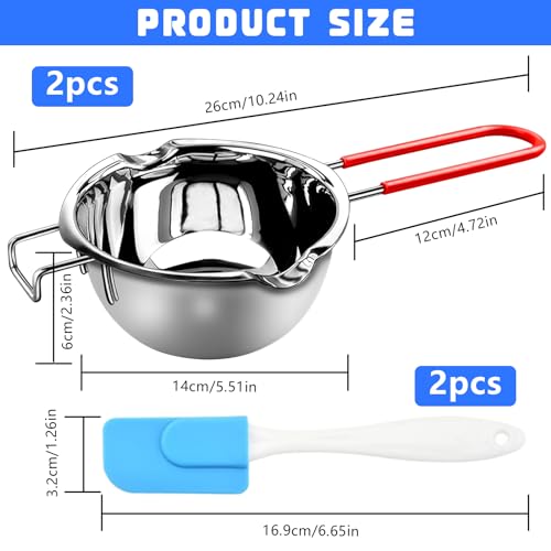 XTUDOU® 2 Stück Wasserbad-Schmelzschale,Schmelztopf 304 Edelstahl mit 2 Spatel und Hitzebeständigem Griff für Schokolade Zucker Butter Käse Karamell Kerzen (400ml)
