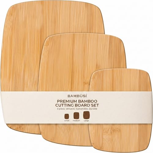 Image of 3-Piece Reversible Bamboo Cutting Board Set for Kitchen - Wooden Chopping Boards and Charcuterie Serving Boards for Cheese Meat Bread Fruit and Meal Prep, Knife Friendly Food Grade Bamboo by Bambüsi