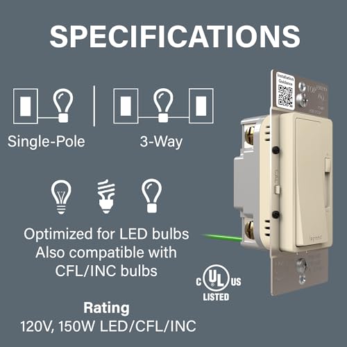 Image of Legrand Radiant 150W LED Dimmer Light Switch 3-Way Rocker Light Almond 1Pk | Pass & Seymour LED Optimized, Decorator Rocker Dimmer Switch, for Dimmable LED Bulbs, Flicker-Free