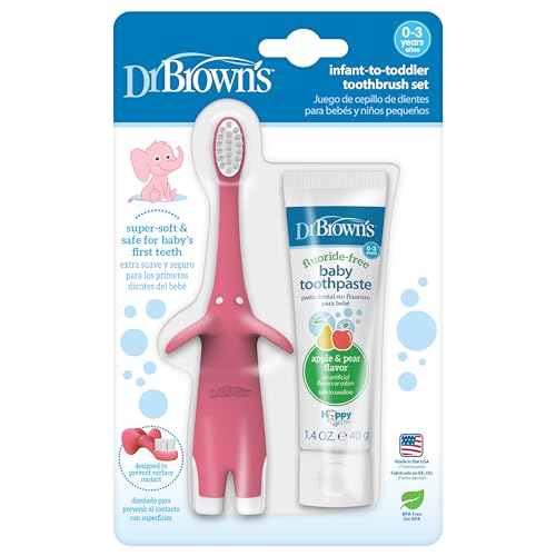 Image of Dr. Brown's Infant-to-Toddler Training Toothbrush Set, Pink Elephant with Fluoride-Free Apple Pear Baby Toothpaste, 0-3 years (Colors/Style May Vary)