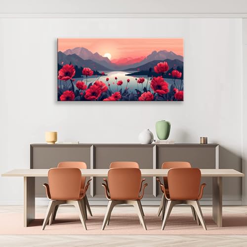 Tucai Decor Canvas Wall Art Poppy Field Mountain Landscape 20 X 40 Inches Home Decor Red Poppy Flowers Art Prints For Living Room Bedroom Office Ready To Hang thumb #2