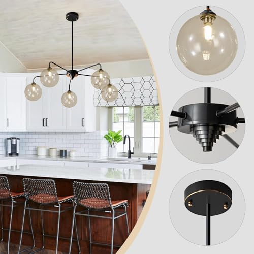 Image of 5 Light Black Sputnik Chandelier Mid Century Modern Chandelier with Cognac Clear Glass Globe Shade Pendant Light for Kitchen Dining Room