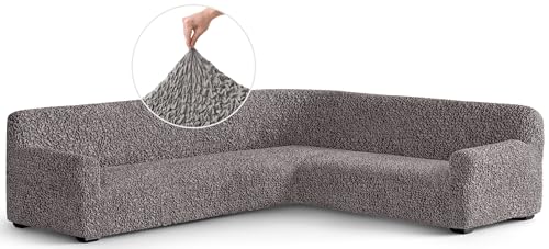 PAULATO BY GA.I.CO. Sectional Sofa Cover Stretch Corner Sofa Slipcover 1-Piece Cotton Couch Cover for Kids Soft Slip Cover Furniture Protector - Fuco Cotton Collection - Grey