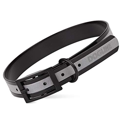Dogline Biothane Hundehalsband, transparent, reflektierend, wasserdicht, stark beschichtetes Nylongewebe mit schwarzen Beschlägen, mittelgroße oder große Hunde - Schwarz 2.5 cm Bx55.9 cm,63.5 cm L Cover