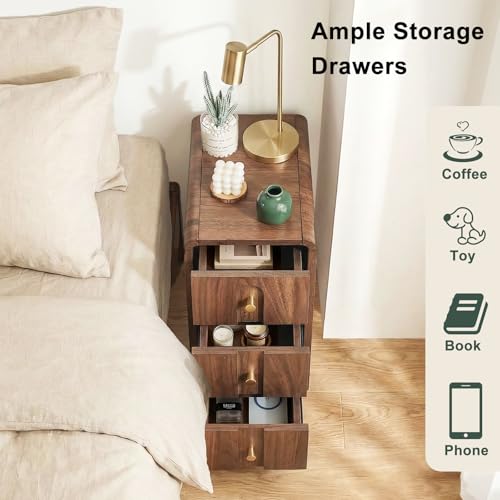 Image of Narrow Nightstand with 3 Drawers, Small Bedside Table, Mid Century Modern Skinny Night Stand with Storage, Wood Slim Side Table for Bedroom, Small Spaces, Living Room (Walnut-1pcs)