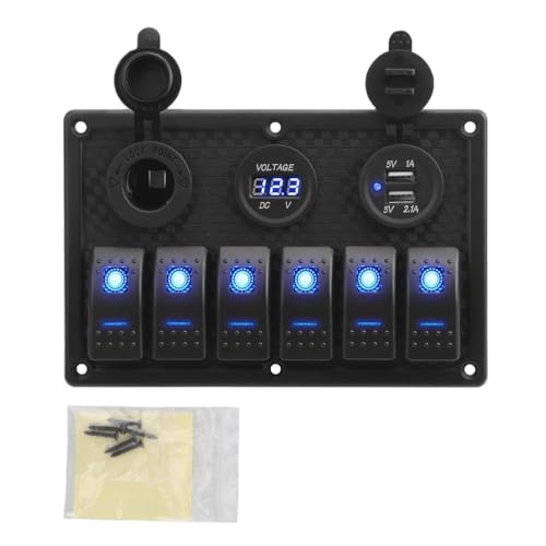 4.2A Dual USB Slot Socket 6 Gang Rocker Switch Panel Digital V Display Marine Boat Car Rv Vehicles Truck Yacht(Blue)