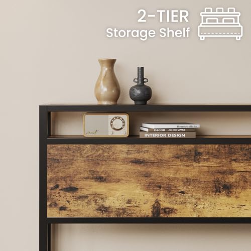 Image of LIKIMIO Queen Bed Frame with 2-Tier Storage Shelf Headboard | Dark Wood Platform Bed, Camas Queen with Strong Metal Supports, Sturdy, Noise-Free, No Box Spring Needed, Brown