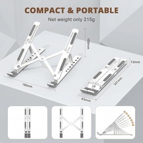 Aovuyck-Store Supporto Pc Portatile 10-17.3”, Supporto Per Laptop Regolabile A 7 Livelli, Supporto In Alluminio Portatile Con Silicone Antiscivolo, Compatibile Laptop E Tablet - 9