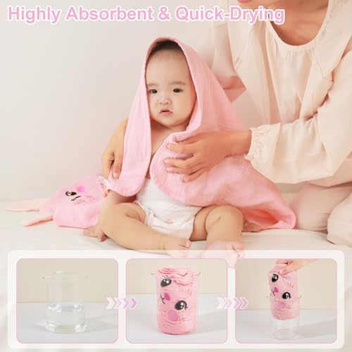 Image of FIOBEE Hooded Baby Towels 100% Muslin Baby Bath Towels for Newborn with Animal Design Ultra-Soft and Absorbent Bath Essentials for Toddler, Unisex Girls Boys 30 x 30 inch, Pink Bunny
