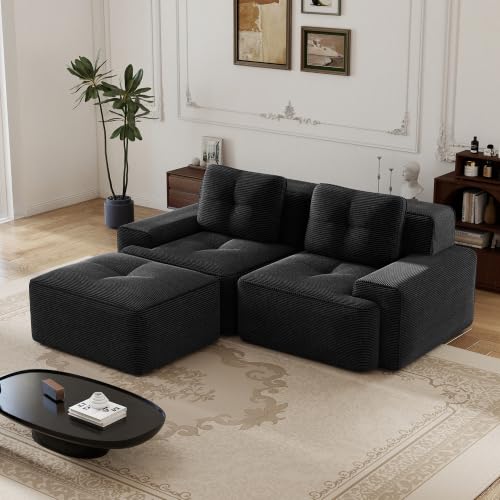 Image of 82 inch L Shaped Modular Boneless Couch with Movable Ottoman, 2 Seat, Soft Corduroy Fabric, Deep Seat Cloud sectional Sofa with Pearl Like Piping and Tufted Design, No Assembly, Anti Slip, Black