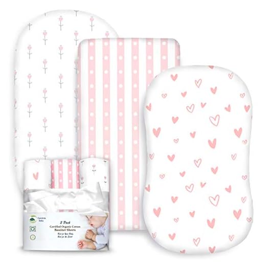 Cambria Baby 100% Organic Cotton Jersey Fitted Bassinet Sheets. Adapts to Oval, Hourglass & Rectangle Shaped Bassinet Pads. Pink/White Tulips, Hearts & Stripes Patterns. 3 Pack
