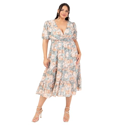 Lovedrobe Women's Ladies Midi Dress V-Neck Short Puff Sleeve Wrap Shirred Waist Floral Print Ruffle Fit and Flare Wedding Guest Apricot 44