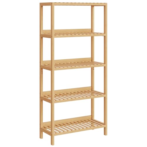 HOOBRO Bamboo Storage Shelf, 5-Tier Freestanding Shelving Unit, Multifunctional Storage Rack with Back Panel, 23.6 x 10.2 x 51.2 inches, for Bathroom, Living Room, Balcony, Kitchen, Natural YL96CJ01 by HOOBRO - Used condition - US$55.99
