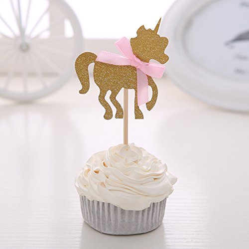 24 PCS Golden Unicorn Cupcake Toppers with Pink Bow - by Giuffi