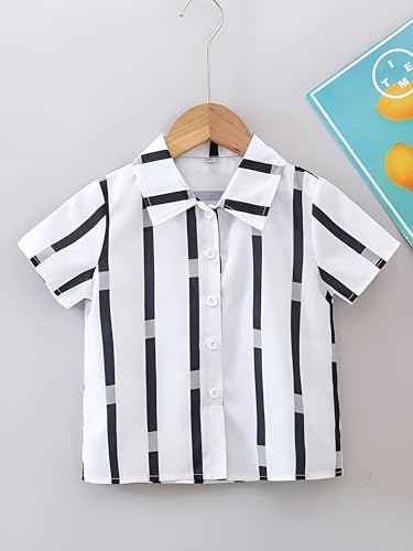 Image of Boys Short Sleeve Button Down Shirts, Plaid and Striped Pattern, Cotton Casual Tops, Pack of 2