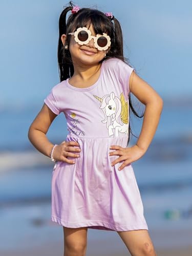 Image of Nap Chief Girls Printed Round Neck Fit & Flare Dress | Cotton Knee Length Half Sleeve Girls Summer Dress for Casual Wear