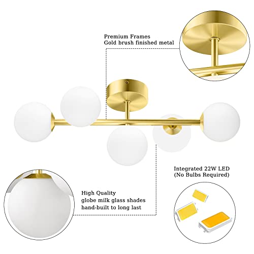 Bathroom Vanity Lights, 5-Light Bathroom Light Fixtures, Mid Century Modern Gold Bathroom Light Ceiling Light, Dimmable LED Wall Sconces Semi-Flush Mount Light Fixture with Milk Glass, Gold Brushed - Image 3