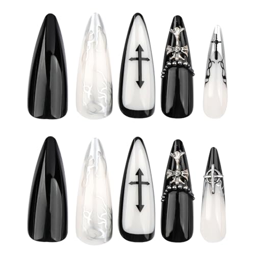 Faux Ongles Long MouyouGlow,Stiletto Noir Argent Papillon Cœur 3D Ondulation Crystal Chrome Gothic Press on Nails avec Colle à Ongles,Halloween Black Silver Fake Nails – vue 2