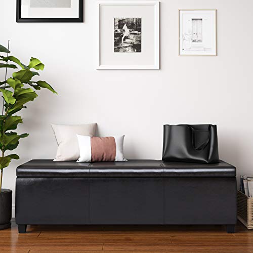 Image of SIMPLIHOME Avalon 54 inch Wide Vegan Leather Storage Ottoman in Tanners Brown