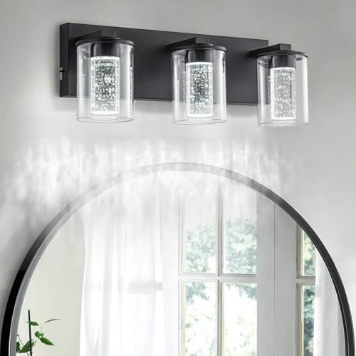 Image of SineRise Bathroom Vanity Light with 3 Color Modes (3000K /4000K /6000K), Eye Protection LED Bathroom Light Fixture, Dimmable Modern Wall Light Over Mirror with Clear Glass Shade (Black, 3-Light)