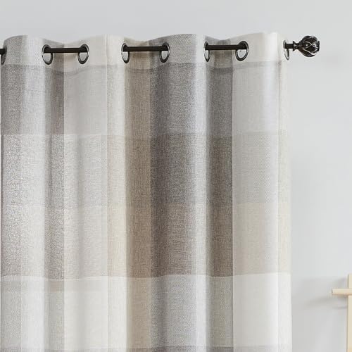 Romantex CHECK-63X2BRN Buffalo Check Semi Sheer Brown Curtains 63 Inches Long 2 Panels For Small Window Classic Farmhouse Rustic Color Block Neutral Curtains thumb #2