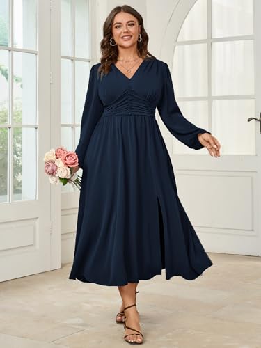 Image of SHESTARR Womens Plus Size Wedding Guest Cocktail Maxi Dress Long Sleeve Elastic Waist V-Neck A-Line Side Slit Flowy Dresses