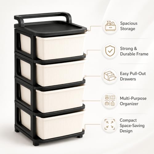 Image of Heavy Duty Plastic Storage Drawer with Wheels | Modular Cabinet for Bedroom, Office, Home or Classroom| Chest of Drawers Organiser for Cosmetics, Kitchen items, Toys (White & black, 4)