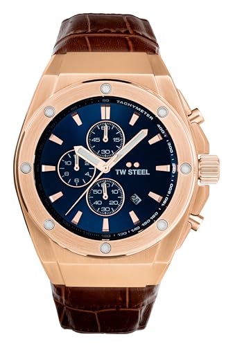 TW Steel CEO Tech Men's 44 mm Quartz Chronograph Watch with Brown Leather Strap, Rose-Gold, Modern