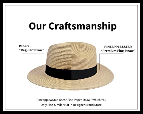 Pineapple&Star Sun Straw Fedora Beach Hat Fine Braid Upf50+ For Unisex (Large, Beige) #TOP3