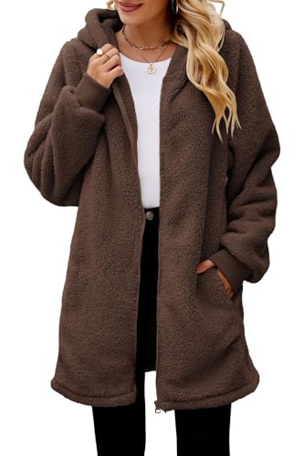 ReachMe Womens Fleece Zip Up Jacket with Pockets Fuzzy Jackets for Women Oversized Long Sherpa Hoodie Teddy Coat(01 Chocolate Brown,M)