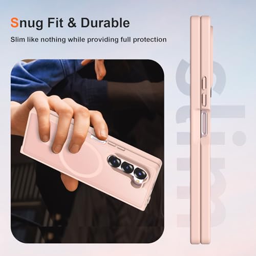 Image of ORETECH Magnetic Case Compatible with Samsung Galaxy Z Fold 6 Case, Translucent Back Non-Slip Hard PC Shockproof Bumper Protective Phone Case Cover for Samsung Z Fold 6 - Light Pink | Translucent Back Non-Slip Hard PC Shockproof Bumper Protective Phone Cover