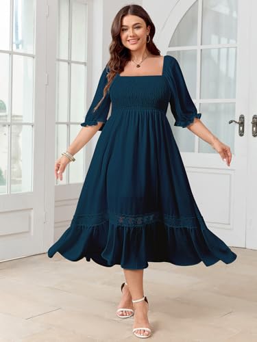Image of SCOMCHIC Women's Plus Size Boho Maxi Dress Short Sleeve Square Neck Smocked Flowy A-Line Lace Trim Wedding Guest Dresses
