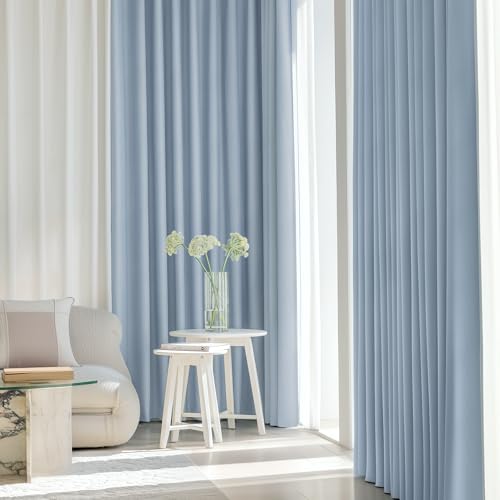 Image of FMFUNCTEX 100% Blackout Curtains for Bedroom, Smoky Blue Curtains 63 Inches Long Textured Thermal Insulated Curtains for Living Room Drapes, Black Out Drapery Grommet Room Darkening 2 Panels