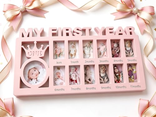 Image of Elfzone My First Year Picture Frame - Baby First Year Photo Frame for Baby 12 Month Picture Frame and Growth Record, Pink