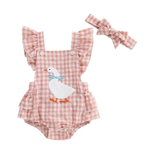 Honganda Cute Baby Girl Summer Romper Flying Sleeve Backless Goose Embroidery Plaid Bodysuit Onesie with Headband