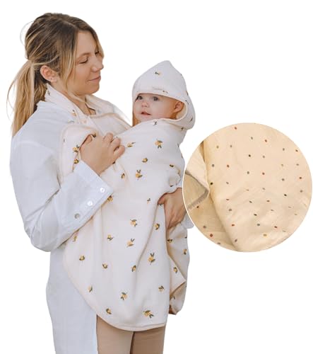 ÜneeQbaby Nouveau Serviette de Bain Bébé Mains Libres Serviette à Capuche 100% Coton | Serviette Tablier pour Un Bain Sécurisé | Cadeau Parfait pour Nouveau-né (Points Multicolores, Beige)