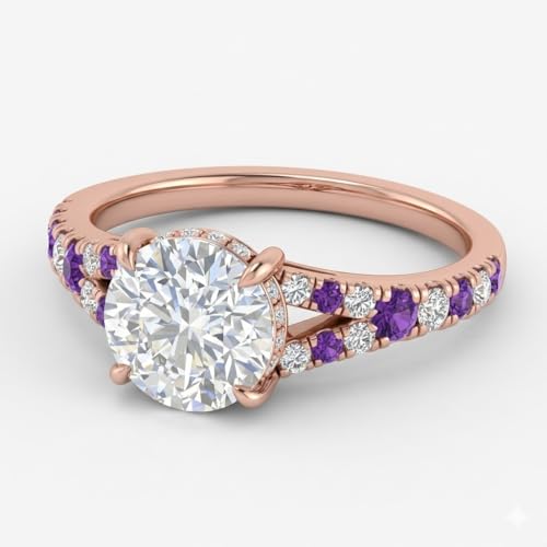 Image of Choose Your Gemstone Round Split Halo Pave Diamond CZ Ring Rose Gold Plated Round Shape Halo Engagement Rings Matching Jewelry Wedding Jewelry Easy to Wear Gifts US Size 4 to 12